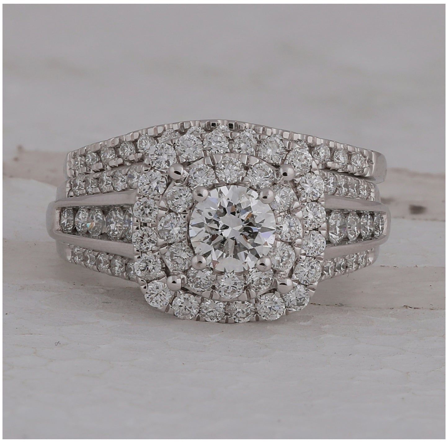 14K White Gold Round Diamond Halo Bridal Wedding Ring Band Set 2 Cttw, Womens Size: 5-10