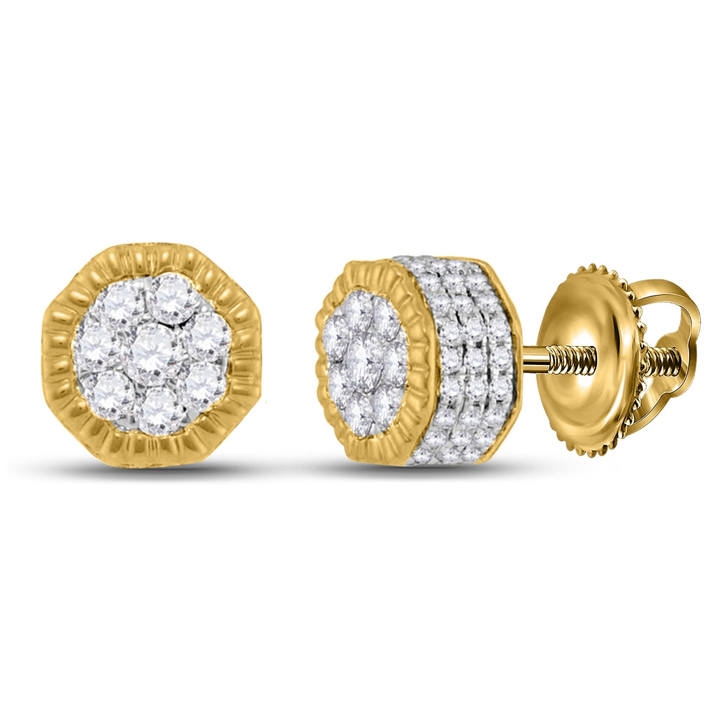 10K Yellow Gold Round Diamond Fluted Hexagon Cluster Stud Earrings 3/4 Cttw