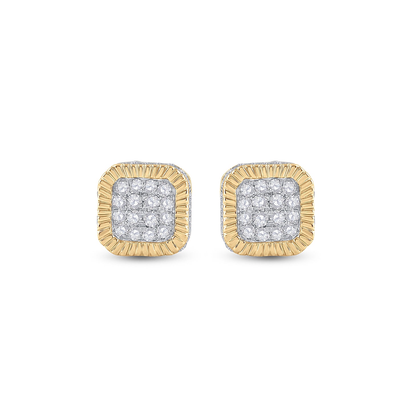 10K Yellow Gold Round Diamond Cluster Fluted Square Stud Earrings 1/2 Cttw