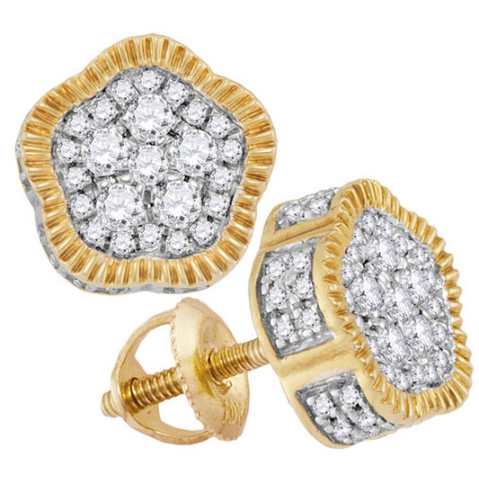 10kt Yellow Gold Mens Round Diamond Cluster Stud Earrings 1/2 Cttw