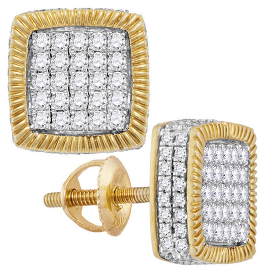 10kt Yellow Gold Mens Round Diamond Square Fluted Cluster Earrings 7/8 Cttw