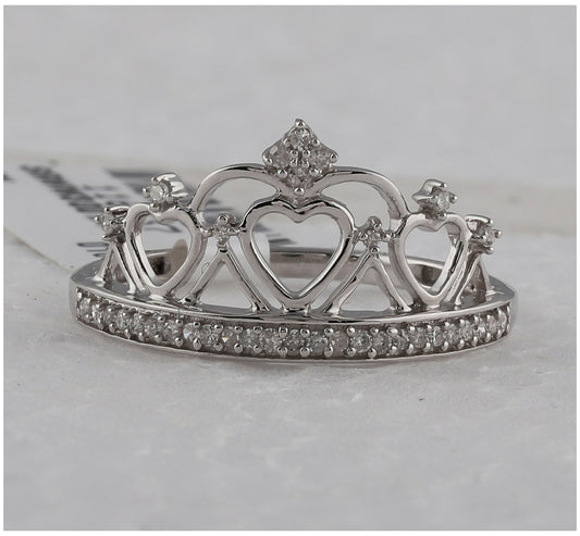 Sterling Silver Womens Round Diamond Heart Crown Tiara Fashion Ring 1/6 Cttw, Womens Size: 5-10