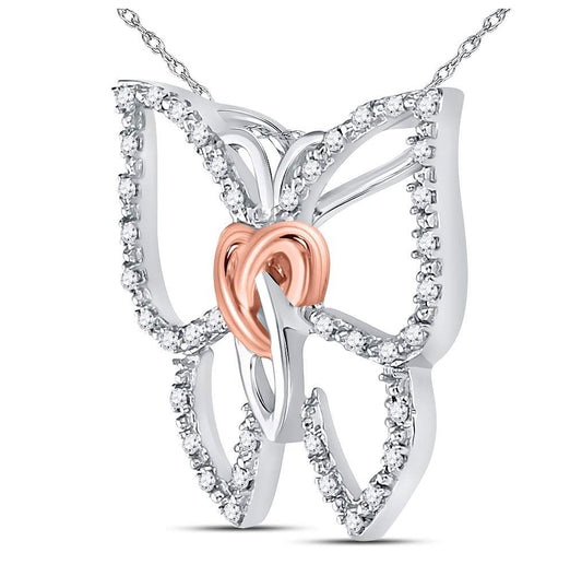 Sterling Silver Womens Round Diamond Butterfly Bug Heart Pendant 1/10ctw