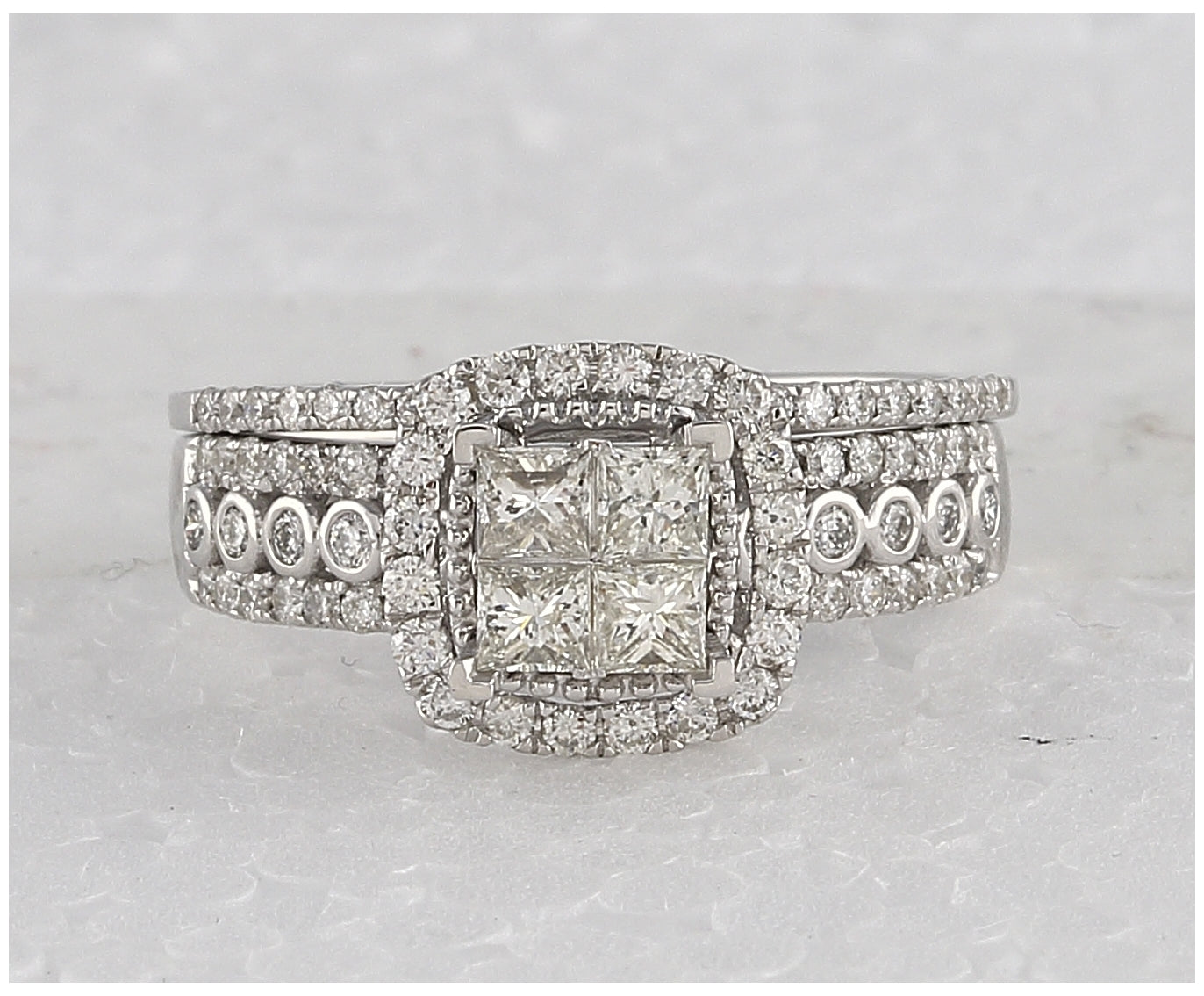 14kt White Gold Womens Princess Diamond Halo Bridal Wedding Engagement Ring Band Set 1.00 Cttw