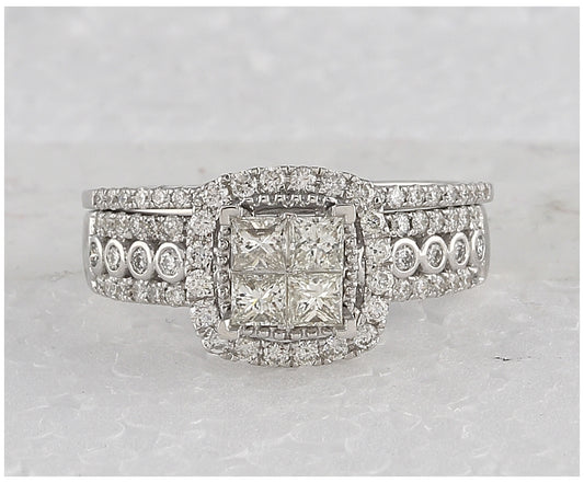 14kt White Gold Womens Princess Diamond Halo Bridal Wedding Engagement Ring Band Set 1.00 Cttw