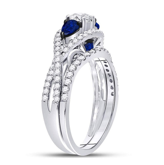 14kt White Gold Womens Round Diamond Blue Sapphire Bridal Wedding Ring Set 1-3/8 Cttw