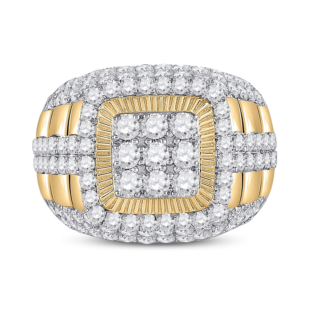 14K Yellow Gold Mens Round Diamond Ribbed Square Cluster Ring 5 Cttw, Mens Size: 7-13