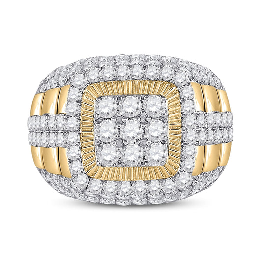 14K Yellow Gold Mens Round Diamond Ribbed Square Cluster Ring 5 Cttw, Mens Size: 7-13