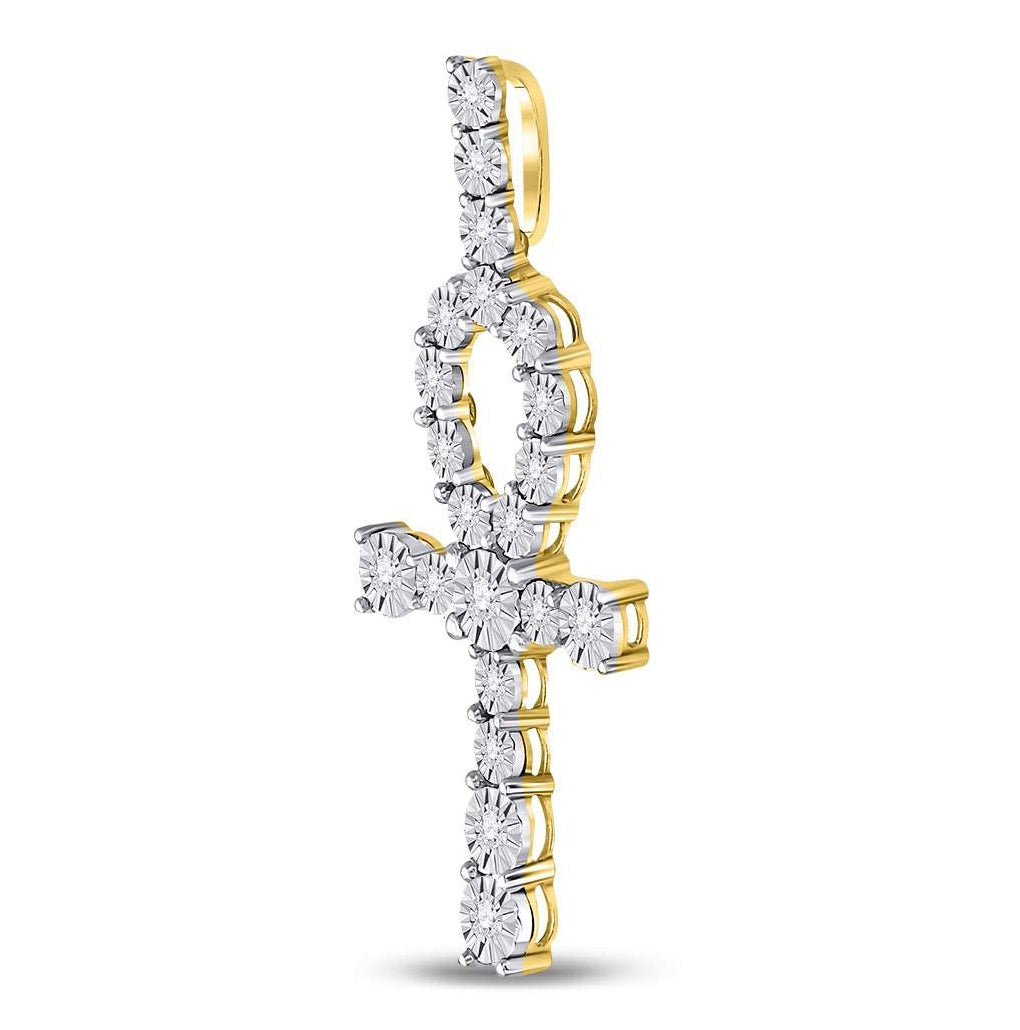 10K Yellow Gold Mens Round Diamond Ankh Cross Charm Pendant 1/5 Cttw, Length: 1.79 In, Width: 0.78 In