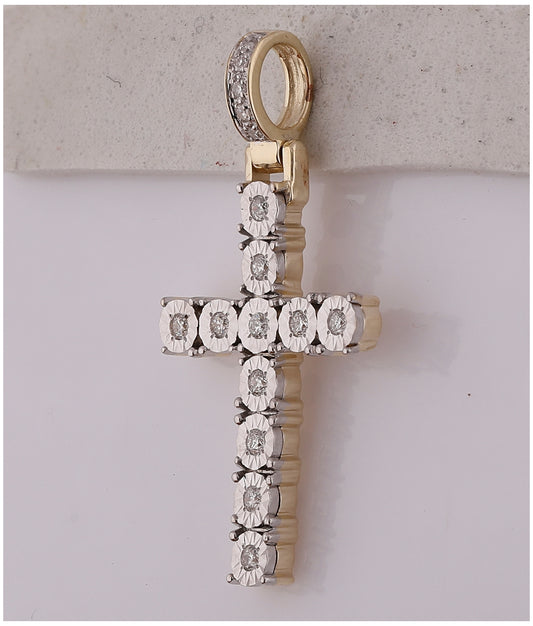 10K Yellow Gold Mens Round Diamond Cross Charm Pendant 1/8 Cttw