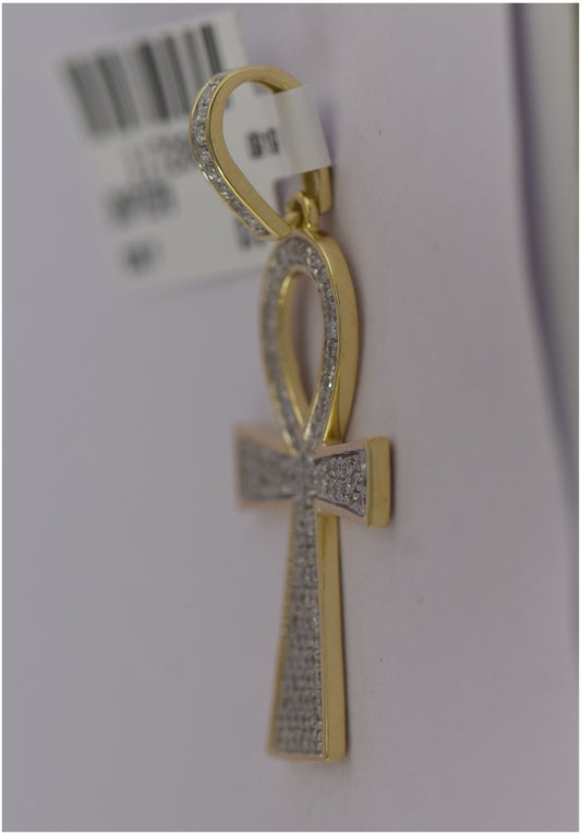 10K Yellow Gold Mens Round Diamond Ankh Cross Charm Pendant 1/3 Cttw, Length: 1.35 In, Width: 0.61 In