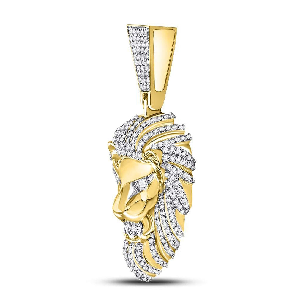 10K Yellow Gold Mens Round Diamond Lion Charm Pendant 1-1/3 Cttw, Length: 1.8 In, Width: 0.87 In