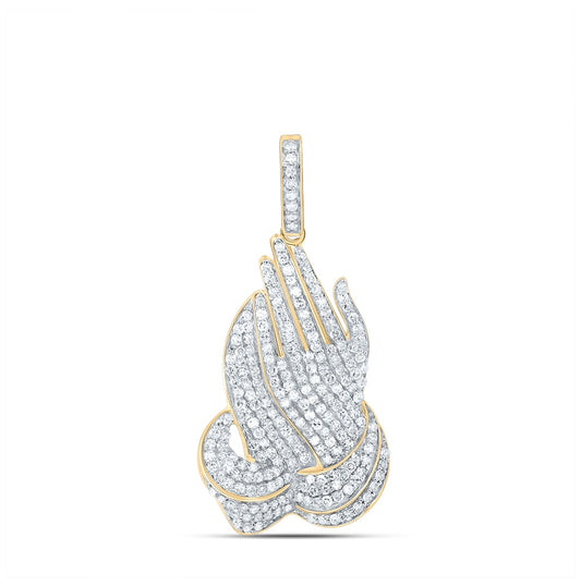 10K Yellow Gold Mens Round Diamond Praying Hands Charm Pendant 7/8 Cttw, Length: 1.31 In, Width: 0.66 In