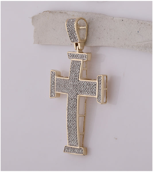 10K Yellow Gold Men's Round Dia. Cross Charm Pendant 3/4ctw