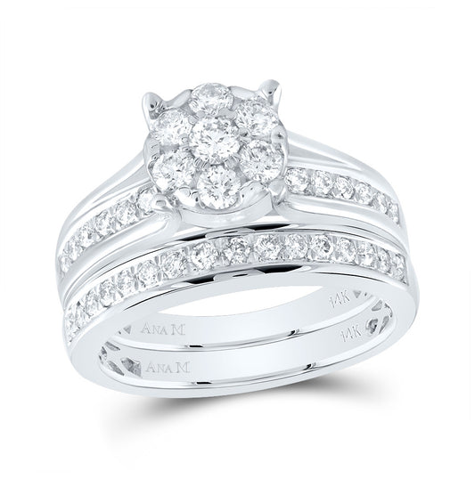 14K White Gold Round Diamond Cluster Bridal Wedding Ring Band Set 1ctw, Womens Size: 5-10