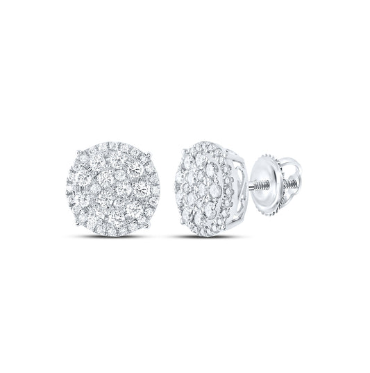 14K White Gold Womens Round Diamond Concentric Circle Cluster Stud Earrings 2 Cttw, Length: 0.5 In, Width: 0.5 In