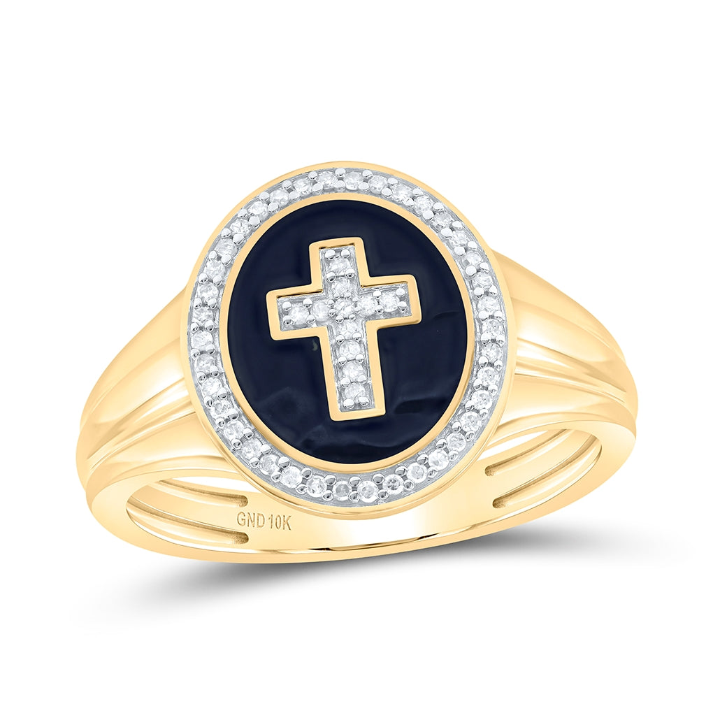 10K Yellow Gold Mens Round Diamond Oval Cross Ring 1/6 Cttw, Mens Size: 7-13