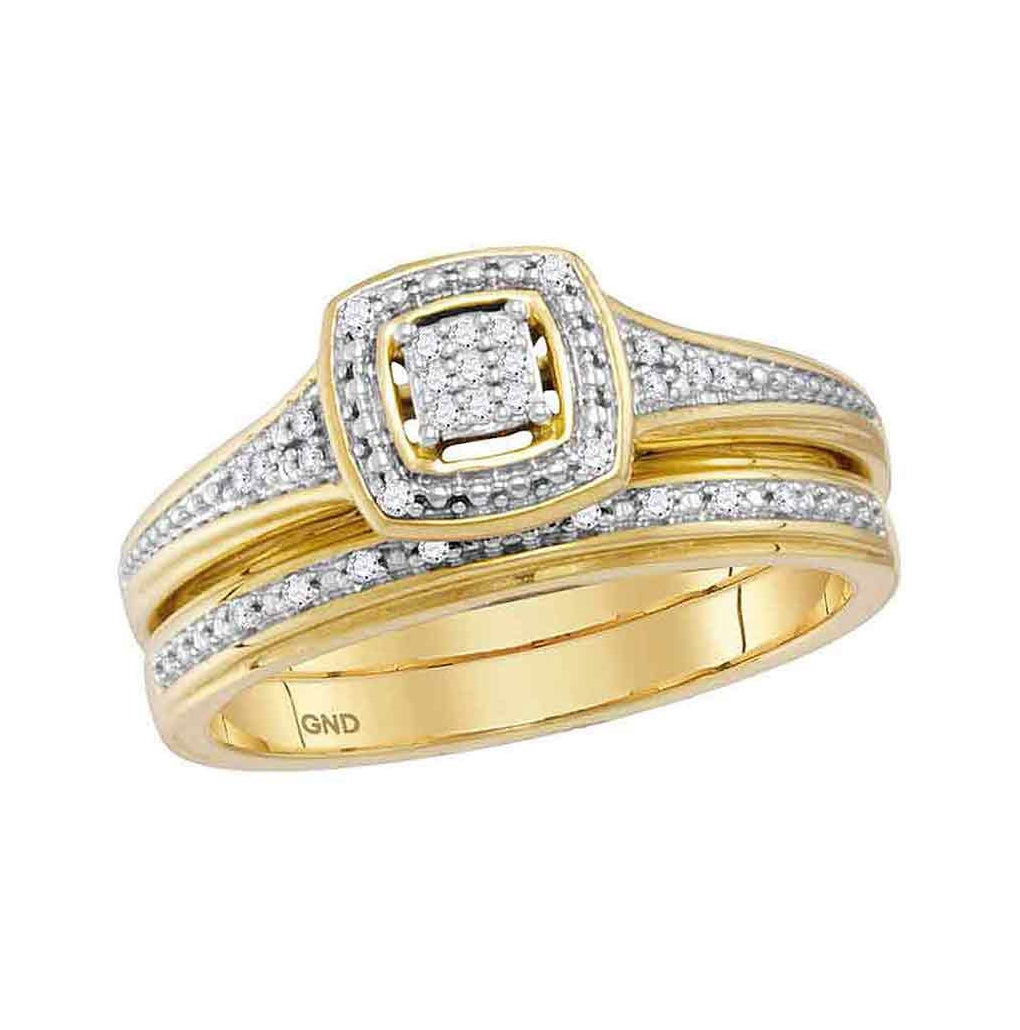 10K Yellow Gold His Hers Round Diamond Cluster Matching Wedding Set 1/10 Cttw, Womens Size: 5-10, Mens Size: 7-13