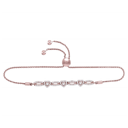 10K Rose Gold Womens Round Diamond Triple Heart Bolo Bracelet 1/2 Cttw