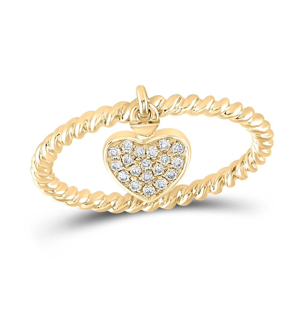 10K Yellow Gold Womens Round Diamond Heart Dangle Stackable Band Ring 1/10 Cttw, Womens Size: 5-10