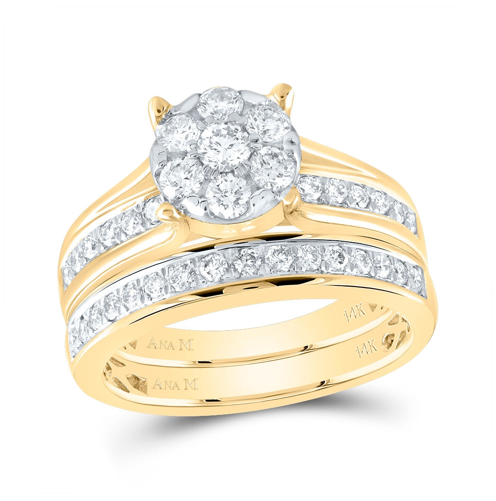 14kt Yellow Gold Womens Round Diamond Flower Cluster Bridal Wedding Engagement Ring Band Set 1.00 Cttw