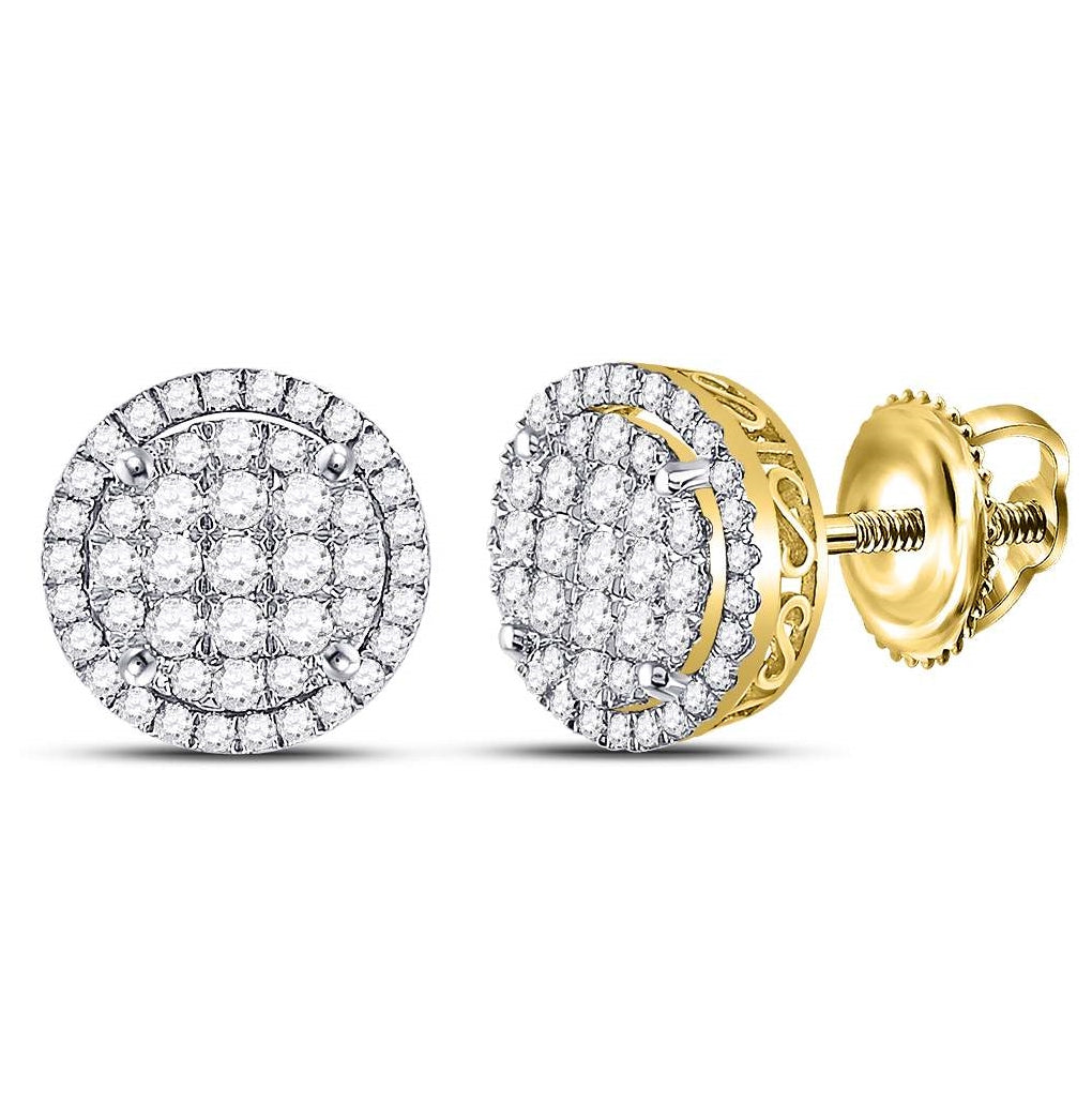 14K Yellow Gold Womens Round Diamond Circle Frame Cluster Earrings 1-1/4 Cttw