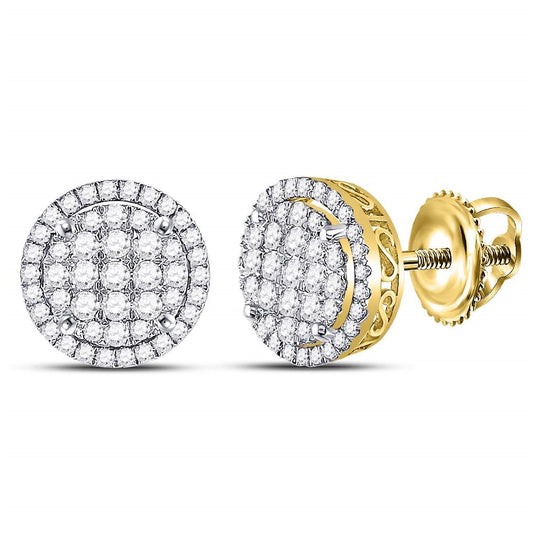 14K Yellow Gold Womens Round Diamond Circle Frame Cluster Earrings 1-1/4 Cttw
