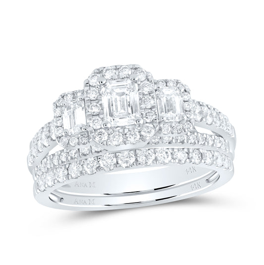 14K White Gold Emerald Diamond 3-Stone Bridal Wedding Ring Band Set 1-1/2 Cttw, Womens Size: 5-10