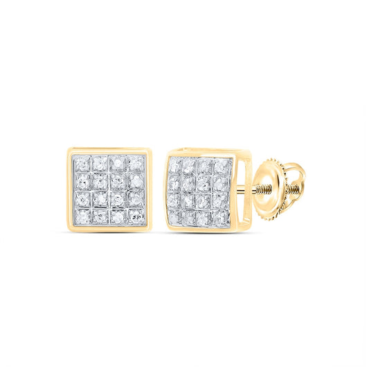 10K Yellow Gold Round Diamond Square Cluster Earrings 1/10 Cttw