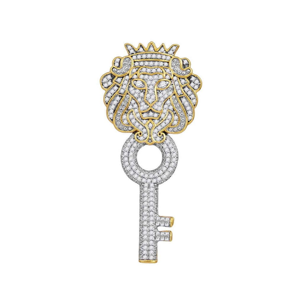10K Yellow Gold Mens Round Diamond King Lion Key Charm Pendant 7/8 Cttw