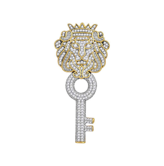 10K Yellow Gold Mens Round Diamond King Lion Key Charm Pendant 7/8 Cttw