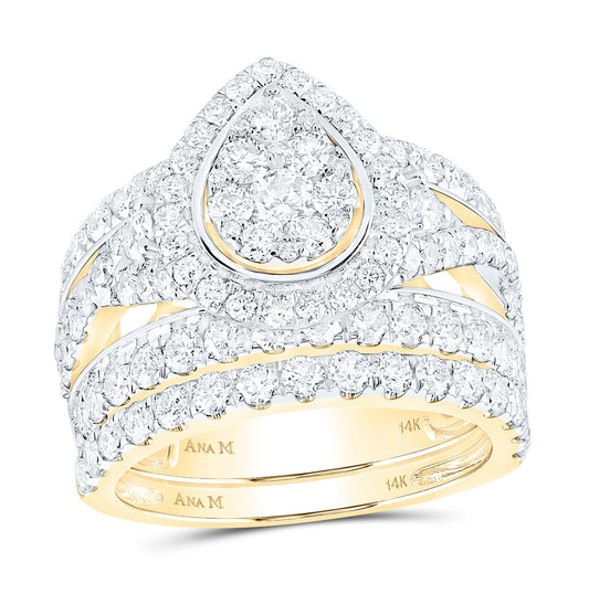 14K Yellow Gold Round Diamond Teardrop Bridal Wedding Ring Band Set 3 Cttw, Womens Size: 5-10