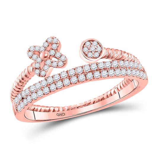 10K Rose Gold Womens Round Diamond Flower Bisected Stackable Band Ring 1/5 Cttw, Womens Size: 5-10