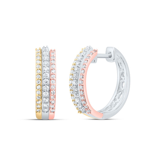 10K Tri-Tone Gold Womens Round Diamond Hoop Earrings 1/4 Cttw