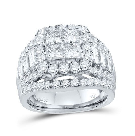 14K White Gold Princess Diamond Cluster Halo Bridal Wedding Engagement Ring 3 Cttw, Womens Size: 5-10