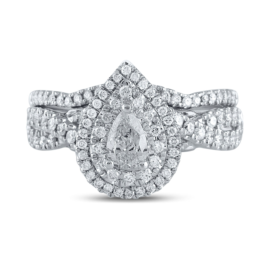 14K Two-tone Gold Pear Diamond Halo Bridal Wedding Ring Band Set 1 Cttw, Womens Size: 5-10