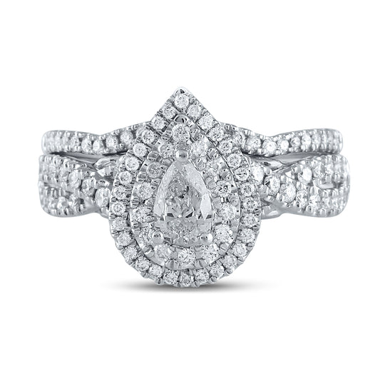 14K Two-tone Gold Pear Diamond Halo Bridal Wedding Ring Band Set 1 Cttw, Womens Size: 5-10