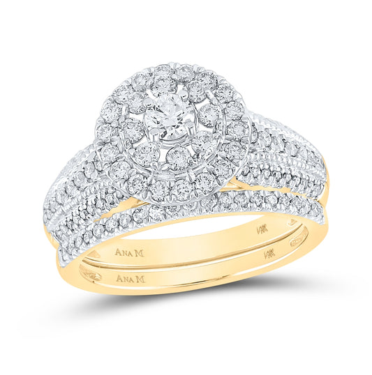 14K Yellow Gold Round Diamond Halo Bridal Wedding Ring Band Set 1 Cttw, Womens Size: 5-10