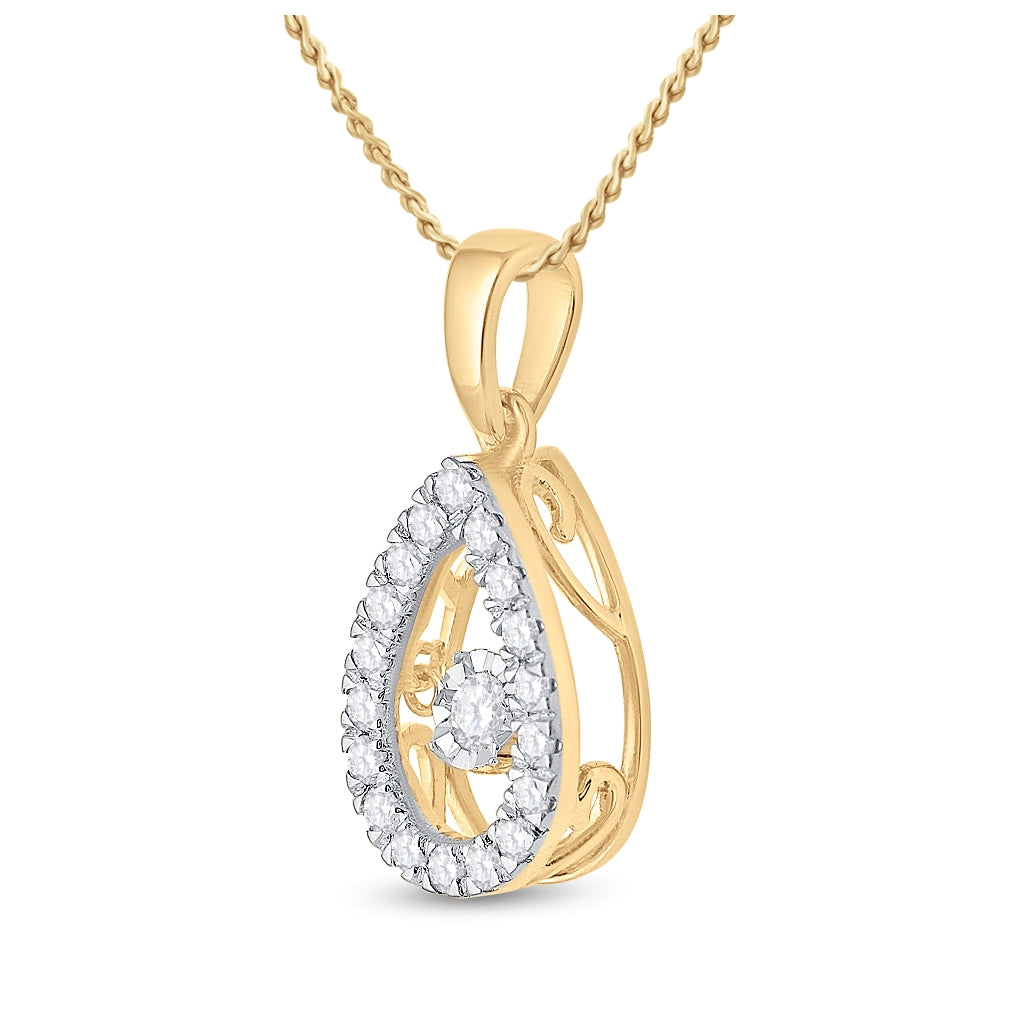 10K Yellow Gold Womens Round Diamond Moving Twinkle Teardrop Pendant 1/3 Cttw