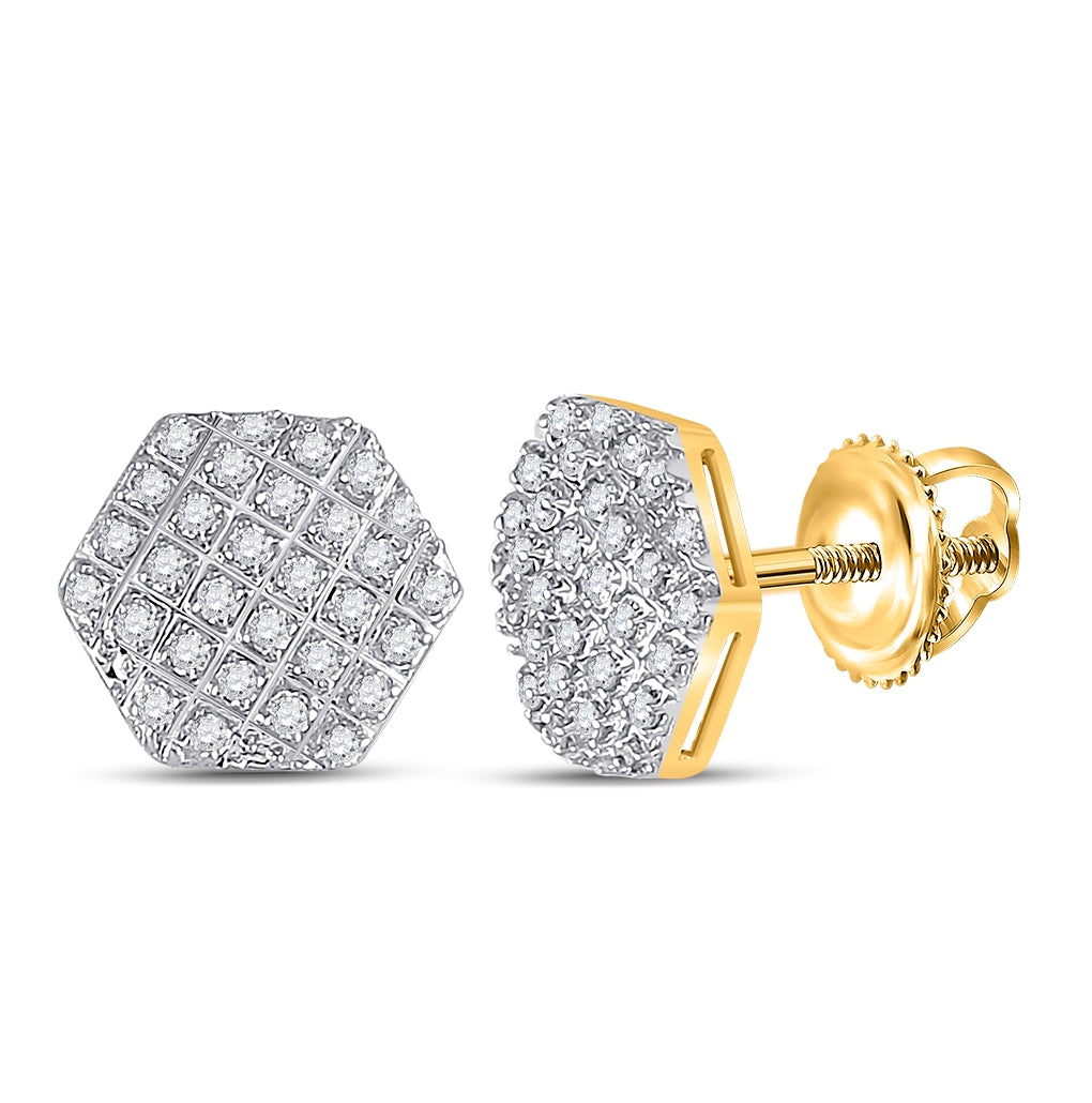 10K Yellow Gold Round Diamond Hexagon Cluster Earrings 1/6 Cttw