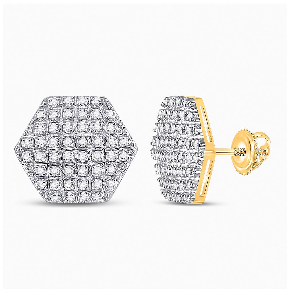 10K Yellow Gold Round Diamond Hexagon Stud Earrings 1/3 Cttw