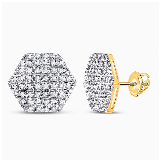 10K Yellow Gold Round Diamond Hexagon Stud Earrings 1/3 Cttw
