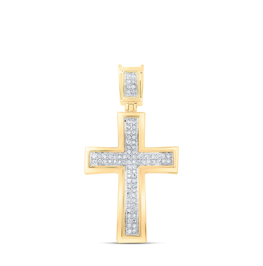 10K Yellow Gold Mens Round Diamond Cross Charm Pendant 1/6ctw