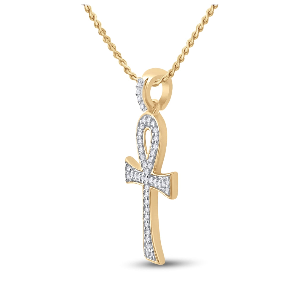 10K White Or Yellow Gold Mens Round Diamond Ankh Cross Charm Pendant