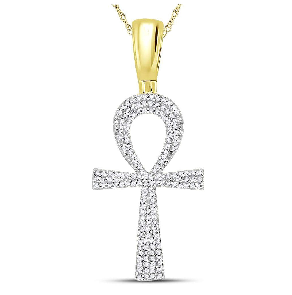 10K Yellow Gold Mens Round Diamond Ankh Cross Charm Pendant 1/2 Cttw, Length: 1.67 In, Width: 0.72 In