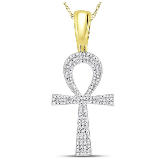 10K Yellow Gold Mens Round Diamond Ankh Cross Charm Pendant 1/2 Cttw, Length: 1.67 In, Width: 0.72 In