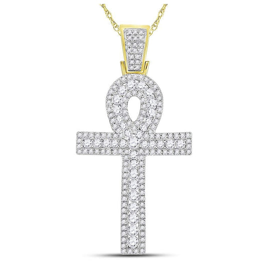 10K Yellow Or White Gold Mens Round Diamond Ankh Cross Charm Pendant 1 Cttw, Length: 1.62 In, Width: 0.81 In