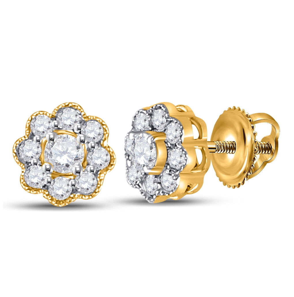 14K White Or Yellow Gold Womens Round Diamond Flower Cluster Earrings