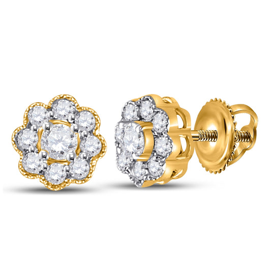 14K White Or Yellow Gold Womens Round Diamond Flower Cluster Earrings
