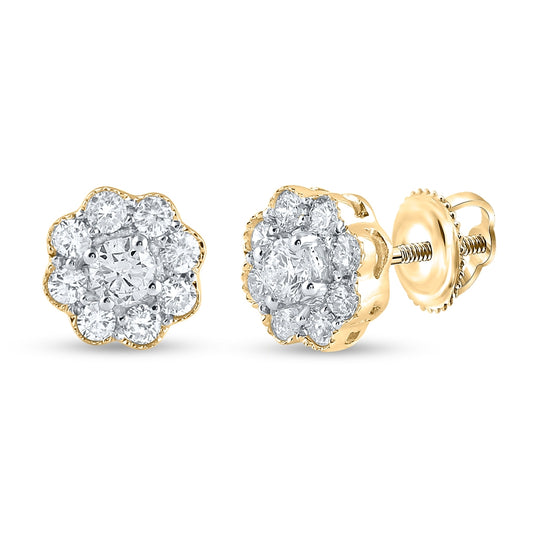 14K Yellow Gold Womens Round Diamond Flower Cluster Earrings 1/2 Cttw